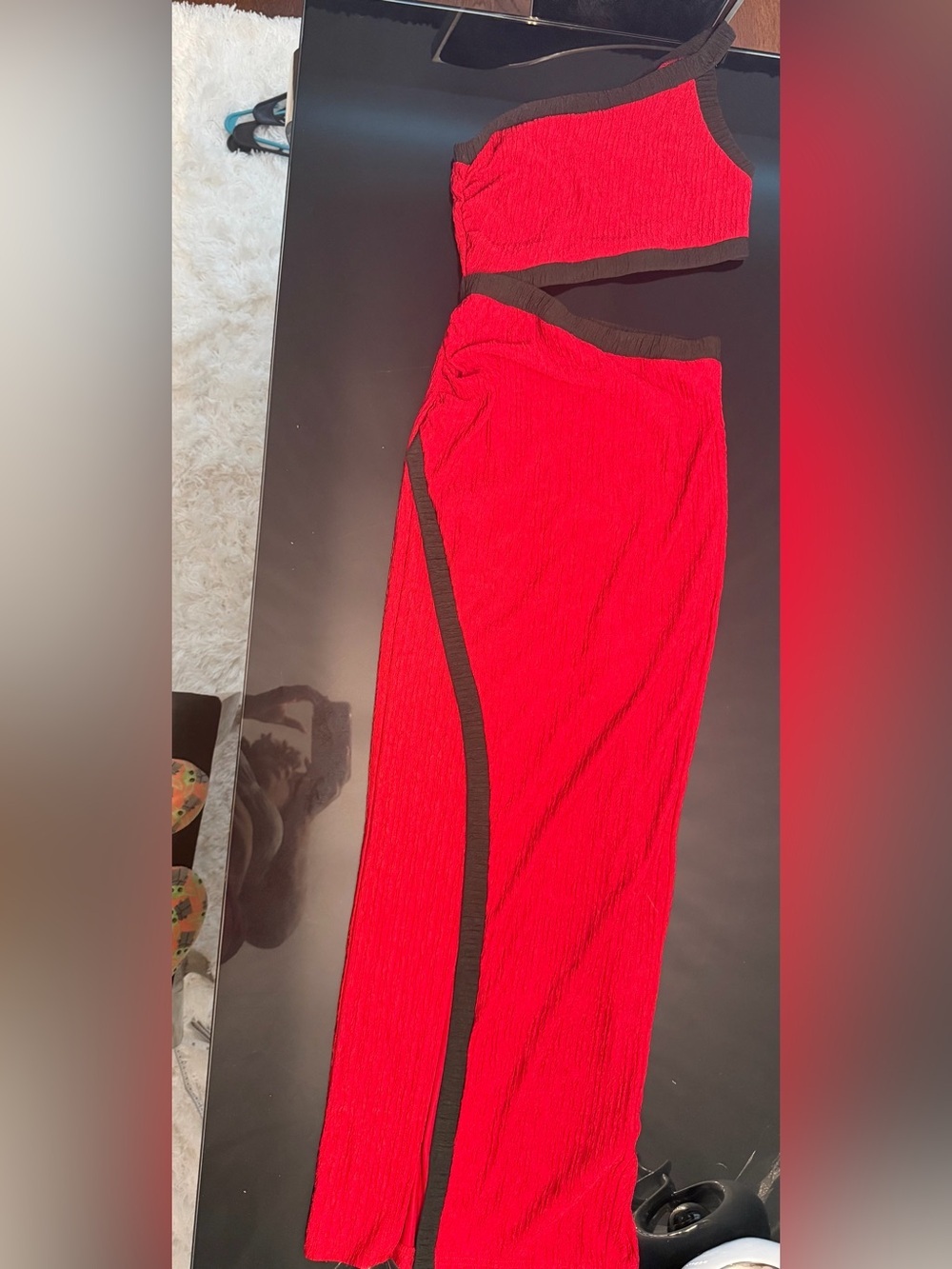SHEIN Red Maxi Skirt with Black Side Trim